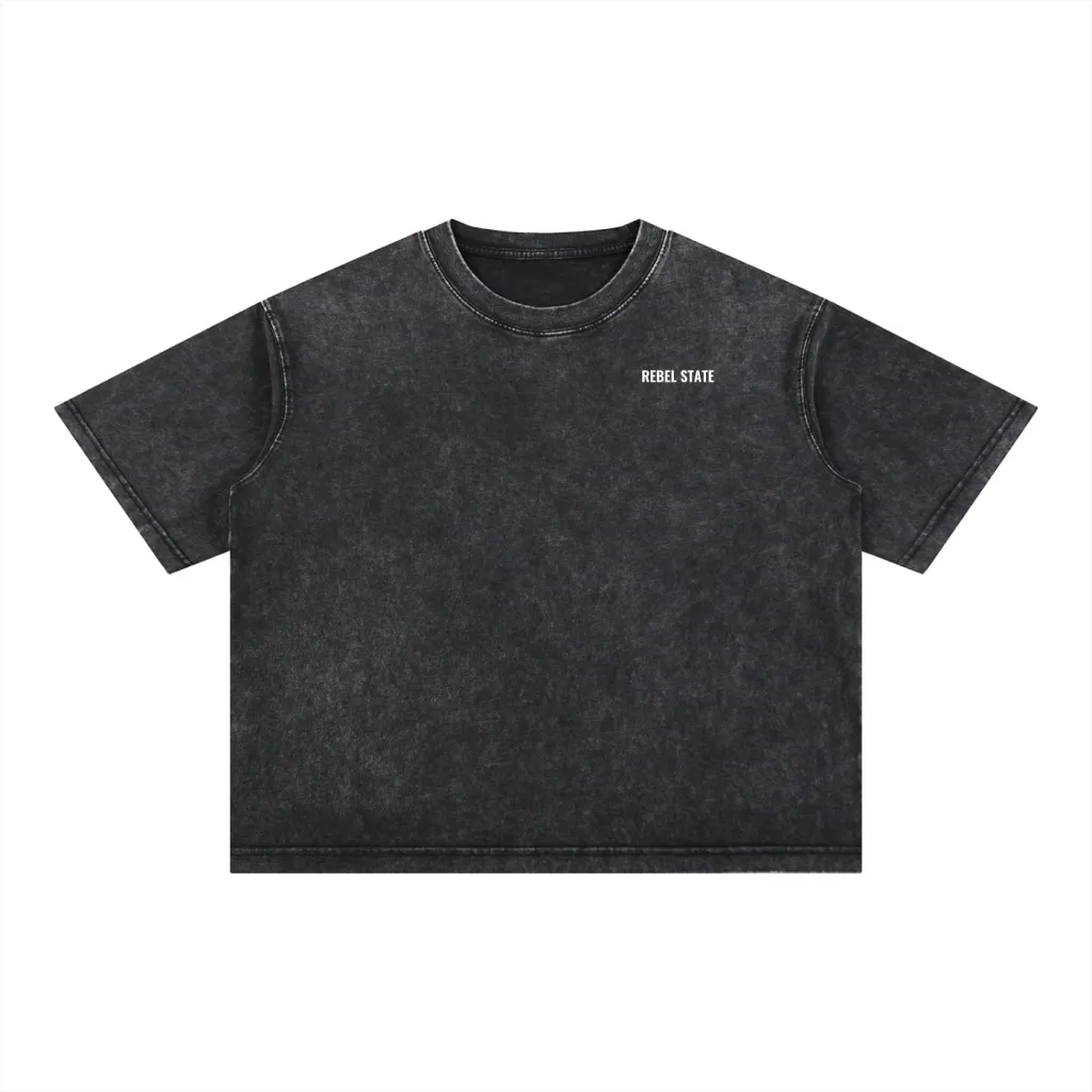 Black t-shirt with 'REBEL STATE' logo on a white background
